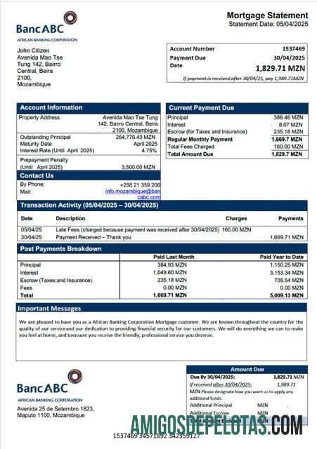 em branco Modelo Word e PDF de declaração de hipoteca da Corporação Bancária Africana de Moçambique